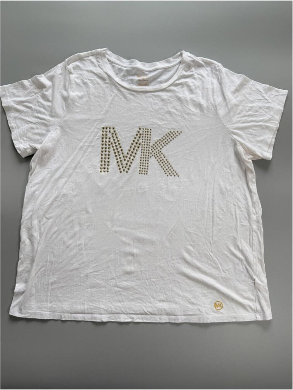 Michael Kors MK Logo T Shirt, White Studded Logo Tee, Designer Y2K, Plus Size 2X